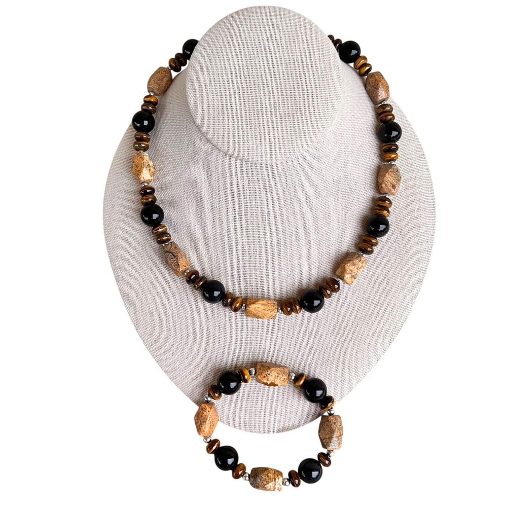 Handmade Natural Multi Stone Beaded Necklace Bracelet Set Boho Jewelry Women